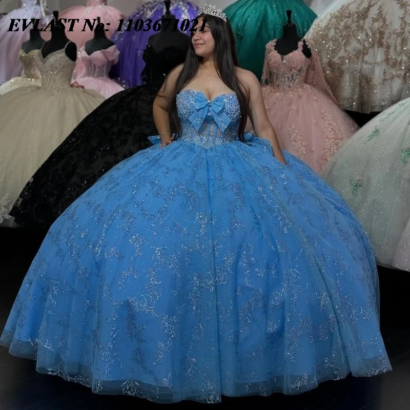 Блестящее синее платье EVLAST Quinnceanera бальное блестящее кружевное с аппликацией и