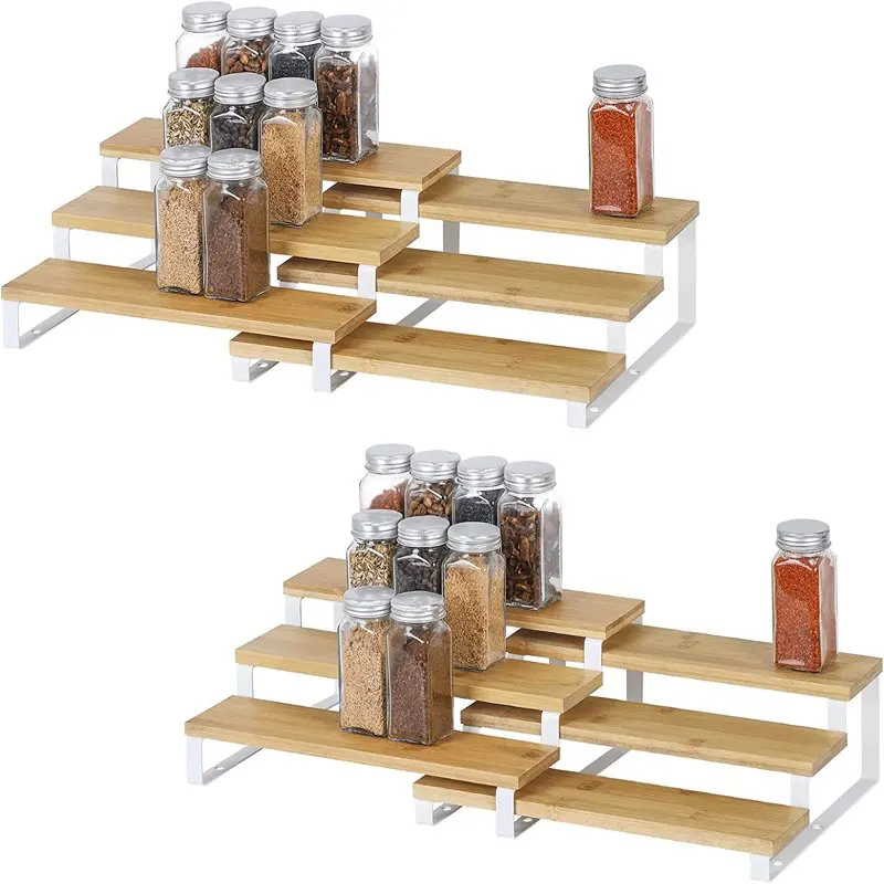 

3 Tier Expandable Spice Rack, 4 Pack Bamboo Step Shelf Organizer (White)