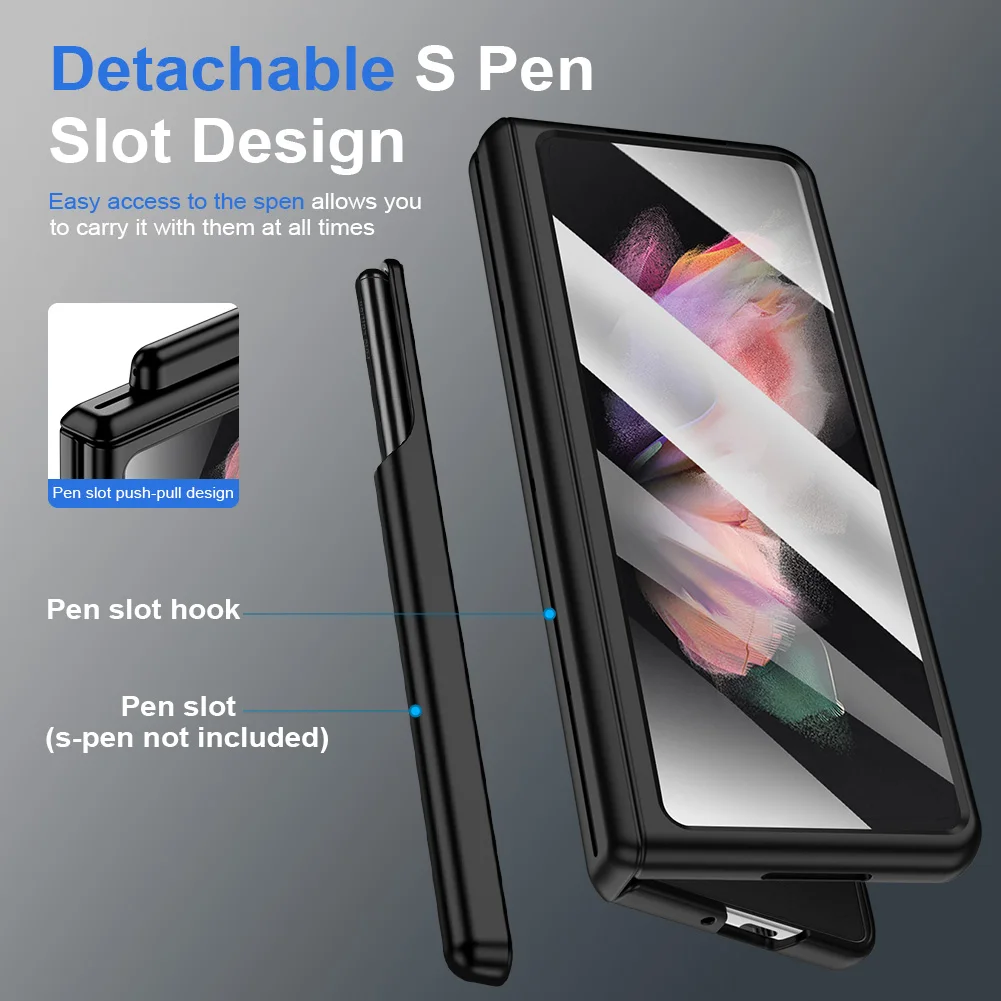 With S Pen Slot Holder Phone Case For Samsung Galaxy Z Fold 3 All-Inclusive Hinge Protection Cover Temper Galss Screen Protector