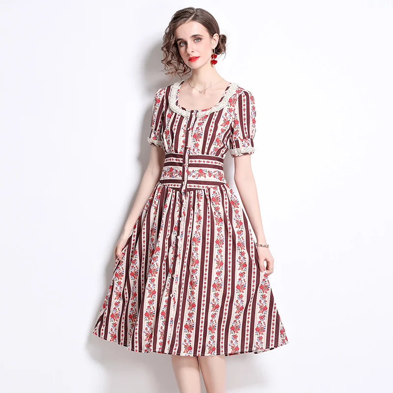 

Summer New Lace DRESS FOR WOMAN Patchwork Retro Square Collar Cinched WOMAN FASHION DRESS Knee-Length Vintage Dresses