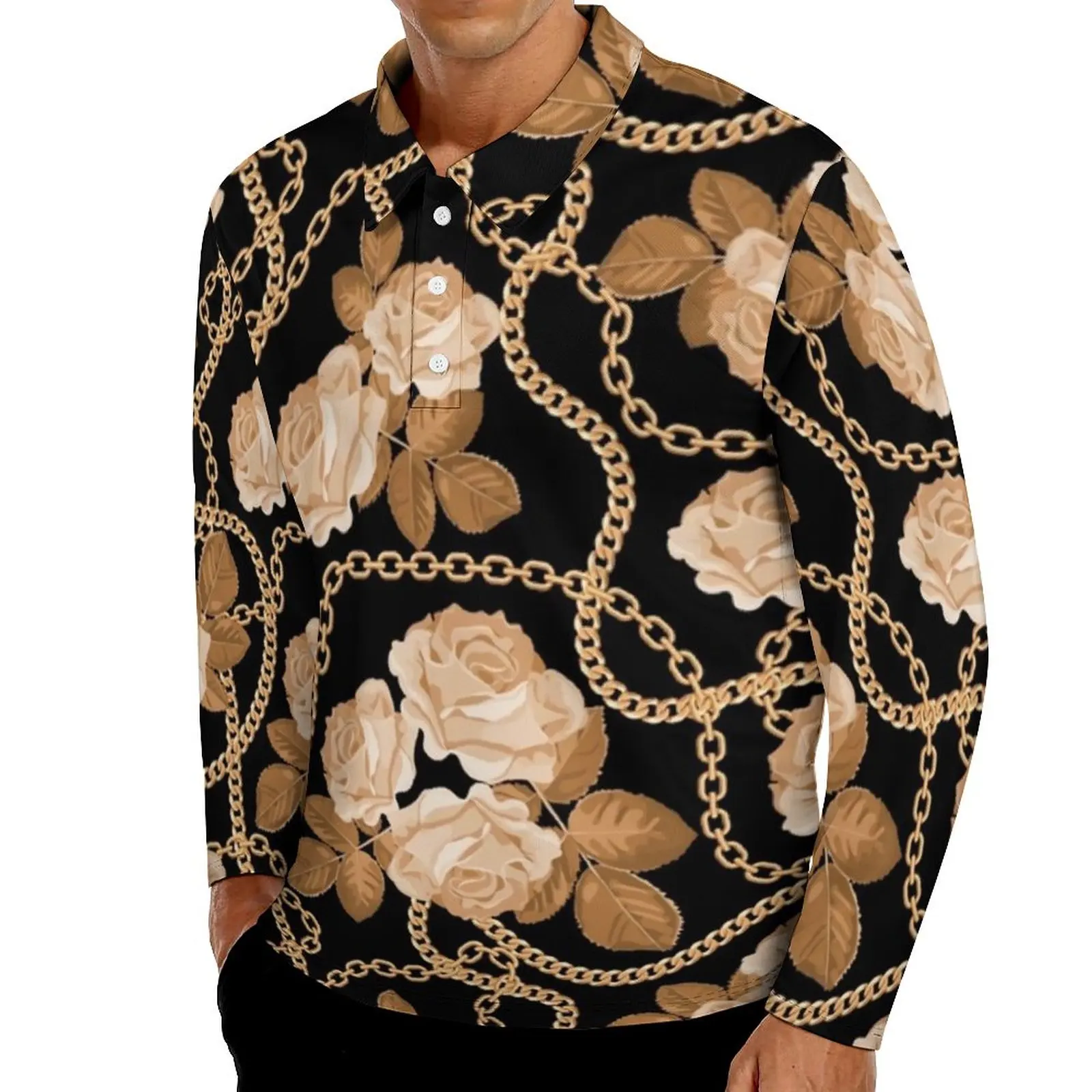

Gold Chain Print Polo Shirts Man Rose Flower Casual Shirt Autumn Vintage Collar Long Sleeve Print Oversized T-Shirts