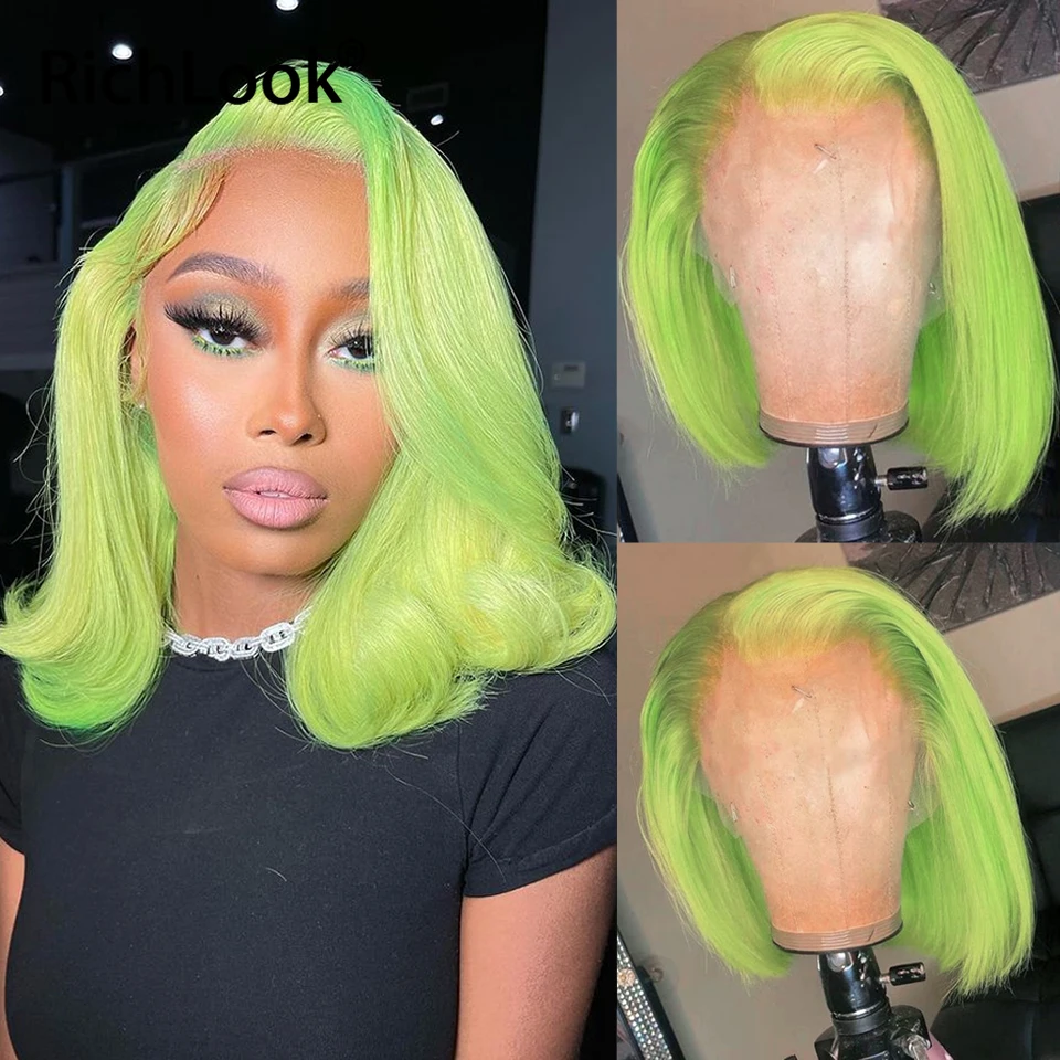 13x4 Green Color Bob Wig Lace Front Human Hair Wigs For Women Brazilian Transparent Lace Frontal Wig Human Hair Short Wave Wigs