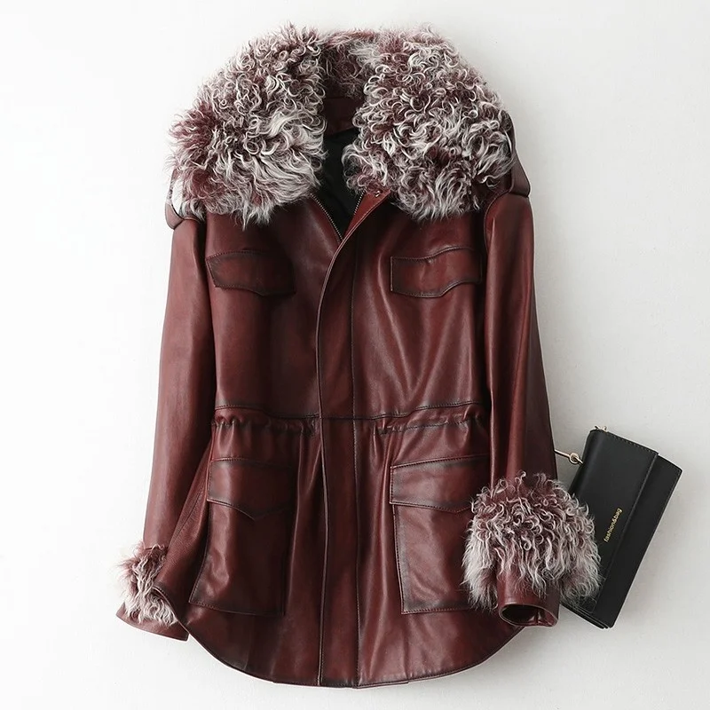 

Women's leather jacket, stylish, warm for winter, lambskin collar, adjustable jacket, waist, office, work, women's jacket