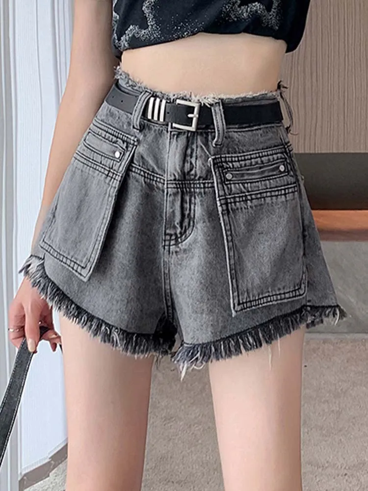

Casual Raw Edge Large Pocket Denim Shorts With Fringed Wide Leg Hot Pants (Free Belt) 2023 New Fashionable Women'S Clothing