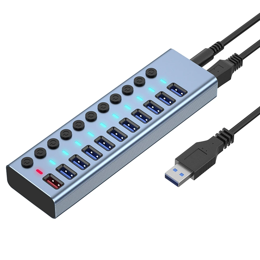

11 Ports USB3.0 Splitter Computer Extender USB HUB 2.4A Fast Charging Port External 12V Power Supply -EU Plug