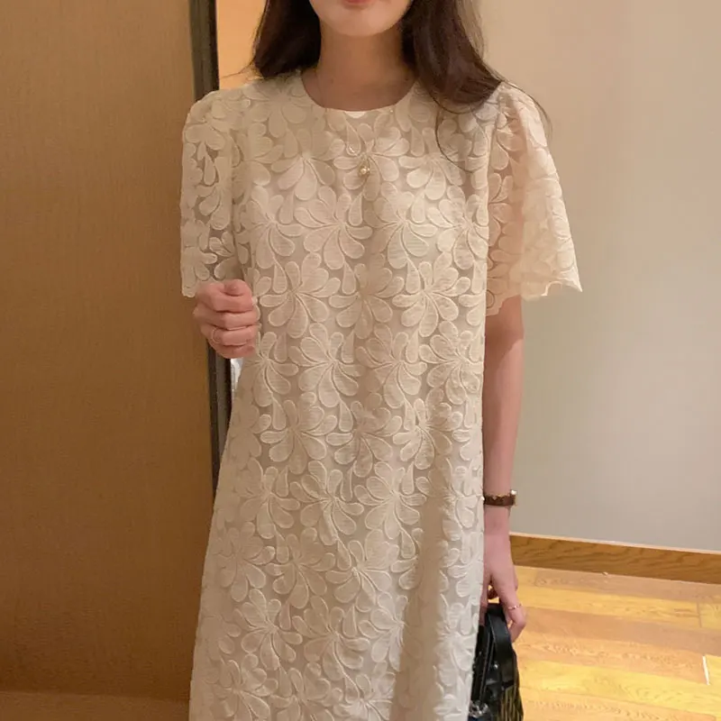 

Женское летнее платье SuperAen, корейское элегантное платье с круглым вырезом, объемным цветком и волнистым рукавом