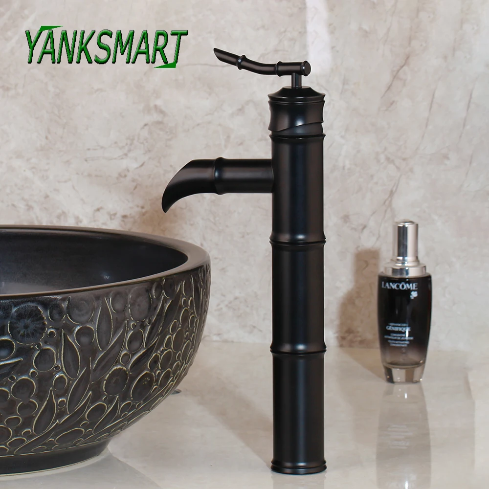 

YANKSMART Black Bamboo Bathroom Faucet Basin Sink Deck Mounted Waterfall Spout Faucet Single Handle Single Hole Mixer Water Tap