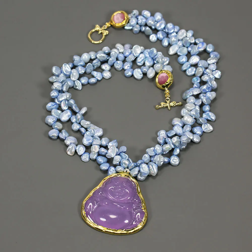 

GG Jewelry 3Rows Natural Freshwater Cultured Blue Keshi Pearl Pink Cat eye Gold Plated Purple Jade Buddha Pendant Necklace