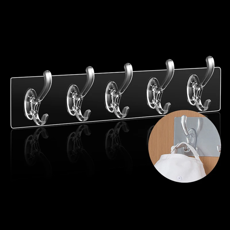 

3/5/6 Row Transparent Hook Strong Sticking Hooks Punch-Free Wall Hat Hanger Towel Traceless Self-adhesive Bathroom Storage Rack