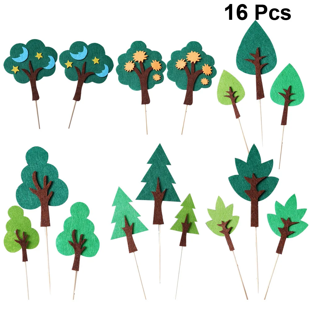 

16 Pcs Dessert Decorative Supplies Party Cakes Flag Forest Picks Wooden Creative Dessert Decorative Supplies