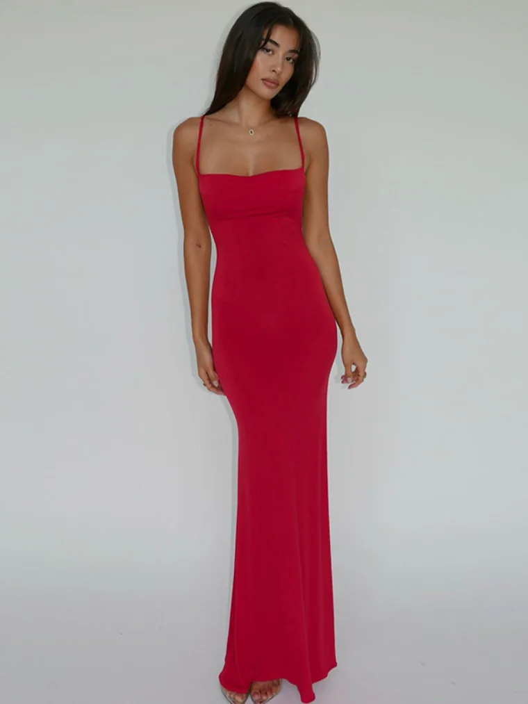 

Женское длинное вечернее платье на бретелях-спагетти, Красное Облегающее Платье макси с открытой спиной, уличная мода Y2K, лето 2023
