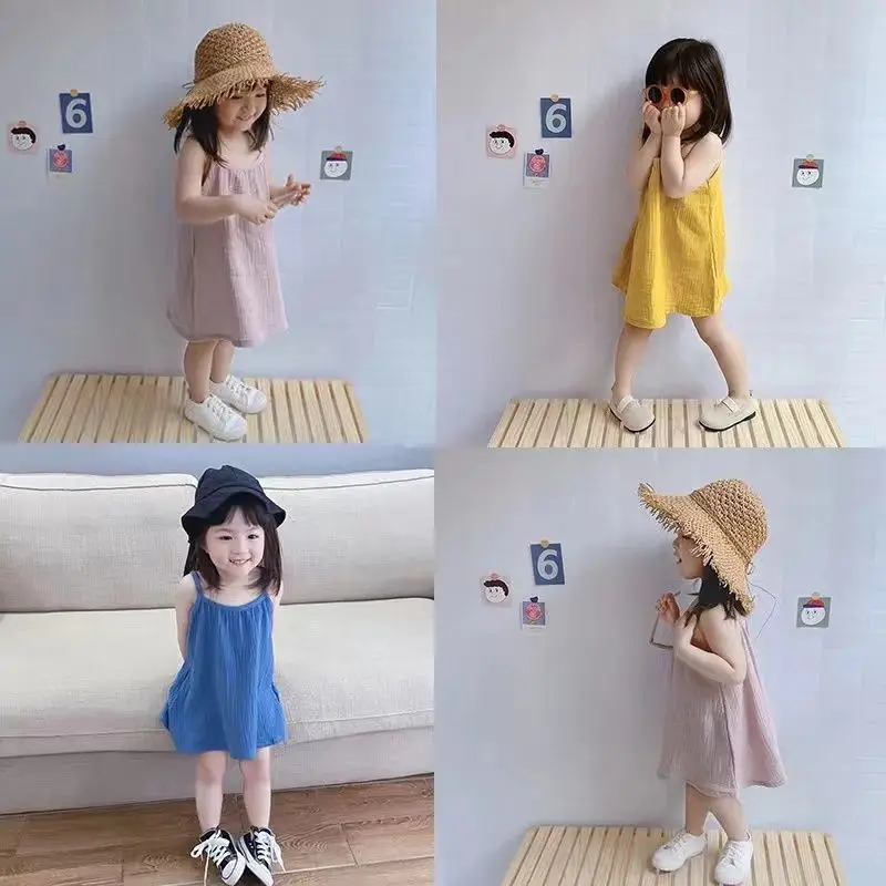 Summer Toddler Girls' Dress Solid Color Cotton Sleeveless Children's Dress Children's Sun Dress Sling Dress Fashion Girls'