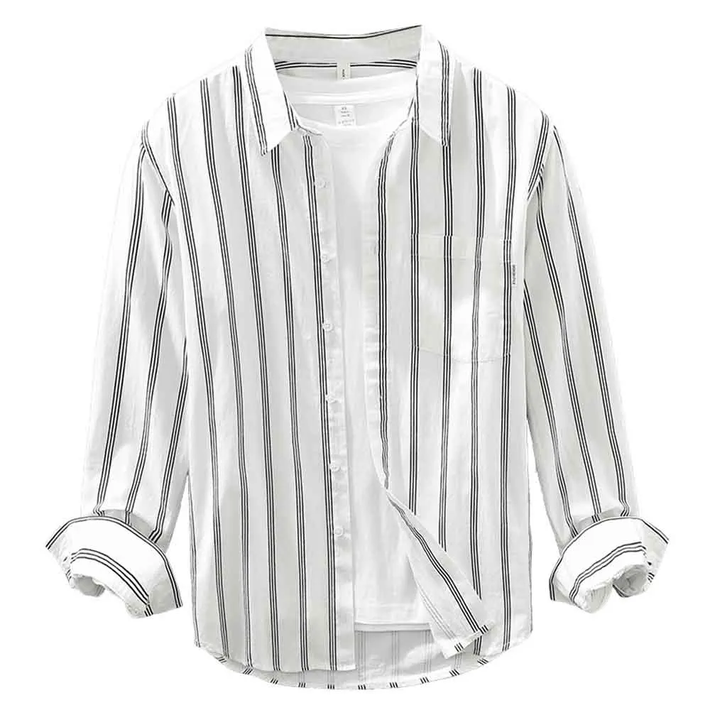 Men's Shirts Casual Striped Shirts Long Sleeve Blouse T-Shirt Men Loose Tops Fashion Turn-down Collar Print Shirts Cotton 100%