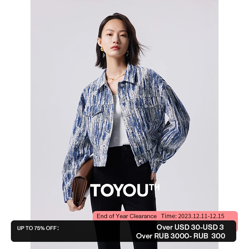

Toyouth Women Denim Jacket 2023 Autumn Long Sleeve Polo Neck Loose Coat Tie Dyeing Dot Art Print Vintage Trendy Blue White Tops