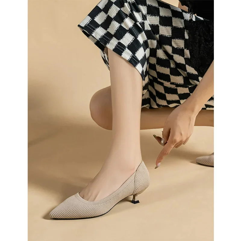 

Pointed Toe Single Shoes Small High Heels Simple Solid Color Knitting Woman Shoes Spring Autumn Latex Insole Microfiber Pumps