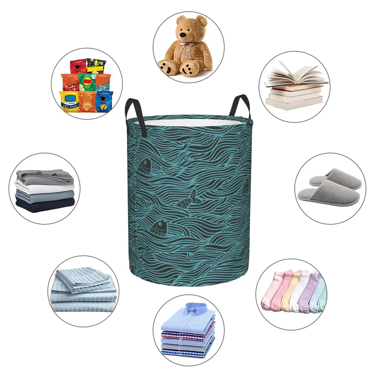 Dirty Laundry Basket Sea Fish Wave Blue Pattern Folding Clothing Storage Bucket Toy Basket Home Waterproof Organizer images - 6