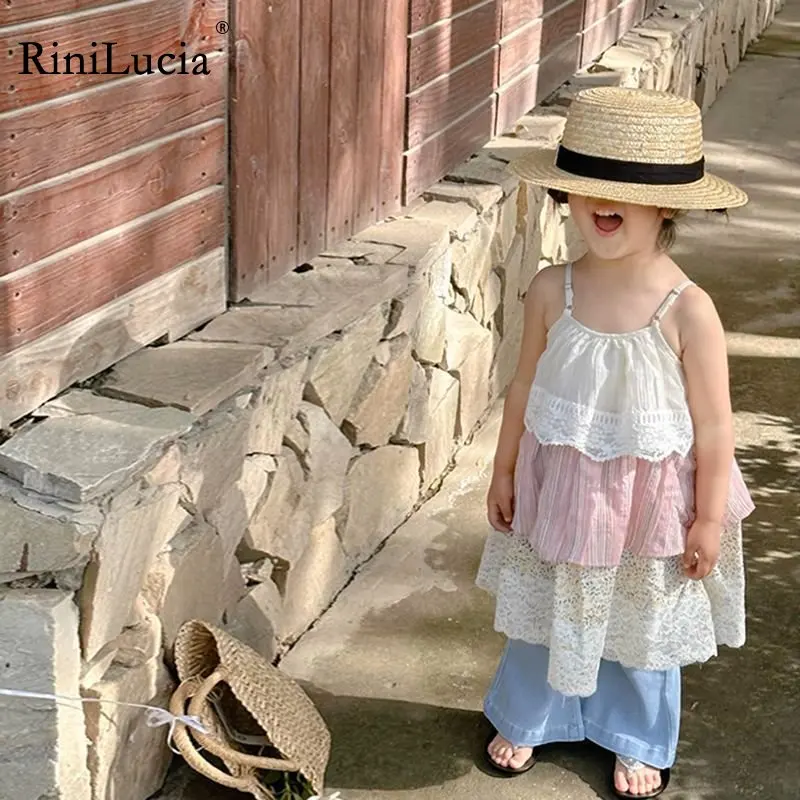 

2023 Baby Clothing Set Children's Sleeveless Floral Lace Layers Dress Denim Pants Two Piece Summer Suit Girls Outfit