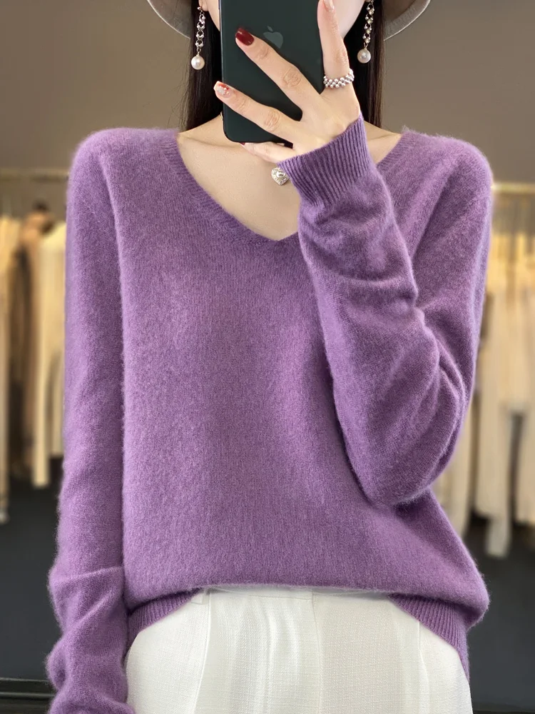 

100% Merino Wool Pullover Sweater Women V-neck Basic Long Sleeve Autumn Winter Cashmere Knitted Bottoming Shirt Korean Fashion