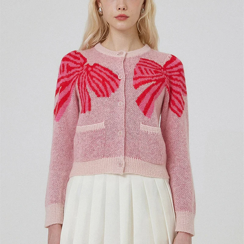 

Cute Women Round Neck Pink Women Cardigan Sweater WIth Bow