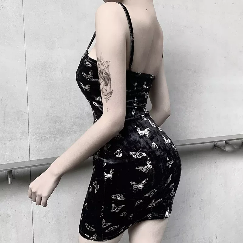 

New2022 Black Dress Women Gothic Spaghetti Strap Backless Off Shoulder Dresses Female Fashion Casual Print Sexy Dress