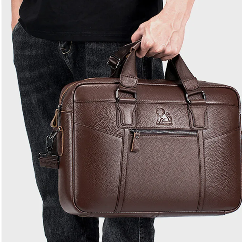 Genuine Leather Men's Briefcase Bag Business Travel Hand Tote Bag Large Capacity 15