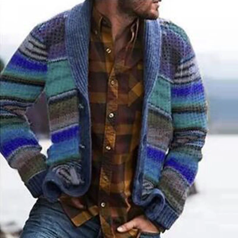 

Men's Fashion Striped Color Matching Sweater Single Breasted Spring Autumn Stripe Cardigan 2022 New Male Casual Clothing Sweater