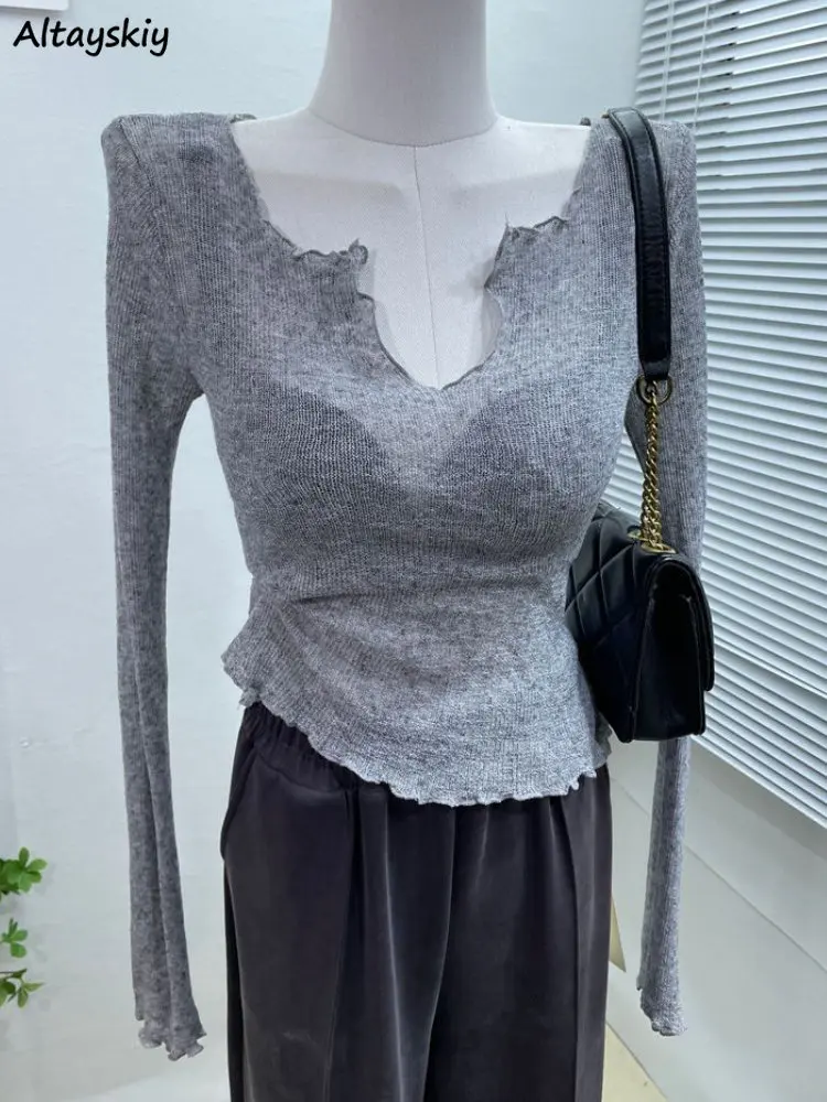 

V-neck Slim Long Sleeve T-shirts Women Cropped Design Minimalist Elegant Tops Streetwear All-match New Ruffles Chic Ins Trendy