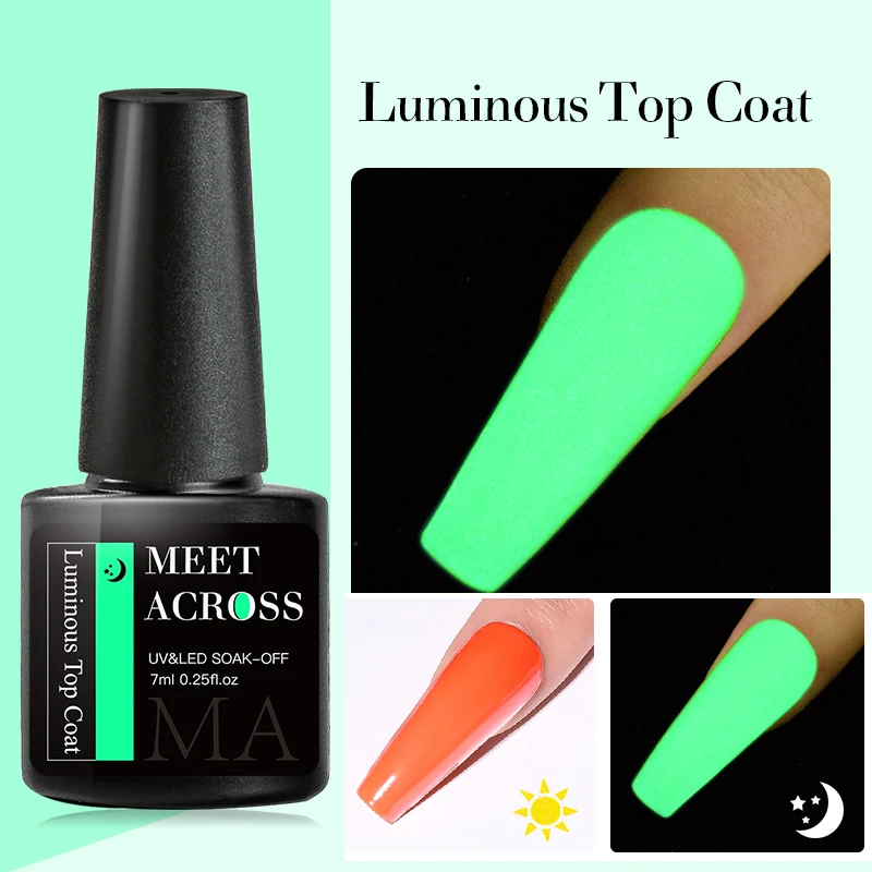 MEET ACROSS Luminous Top Coat Gel Nail Polish Semi Permanent Glow In Dark Fluorescent Soak Off UV LED Gel Varnish For Manicure