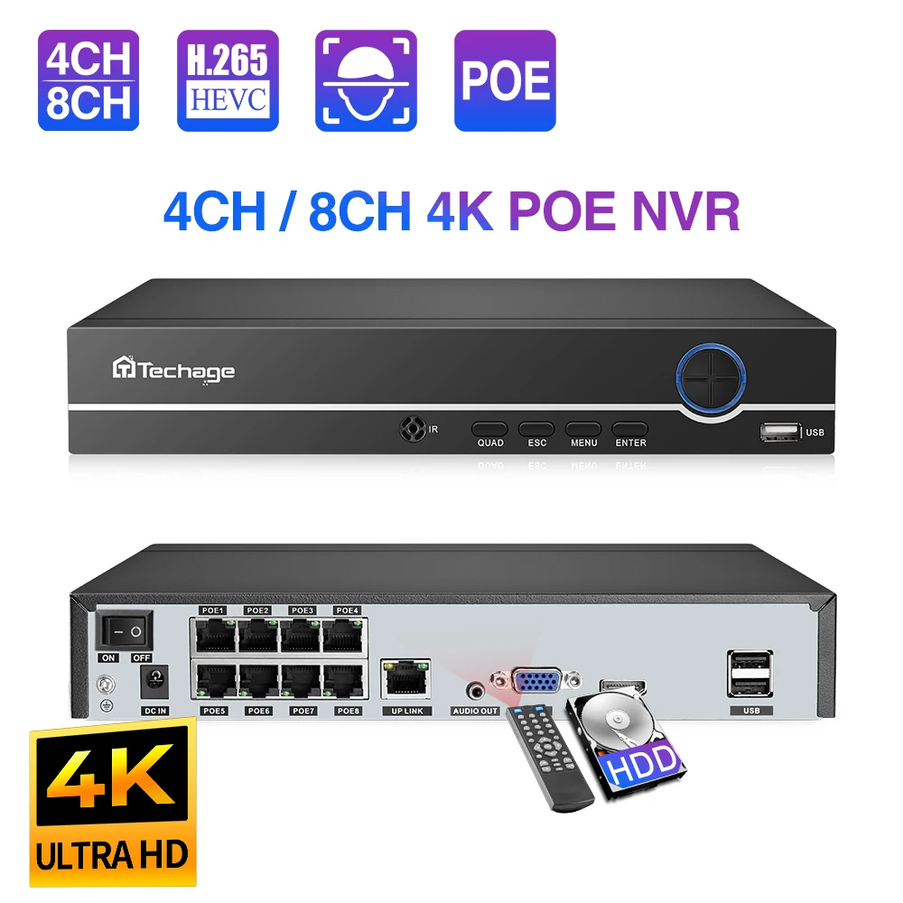 Techage H.265 8CH 5MP/4MP/3MP/1080P PoE NVR CCTV VIdeo Security Surveillance System for PoE IP Camera Video Recorder Audio Input