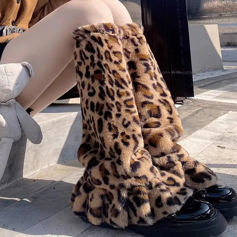 Плюшевые гетры с леопардовым узором теплые осенние и зимние плюшевые утепленные