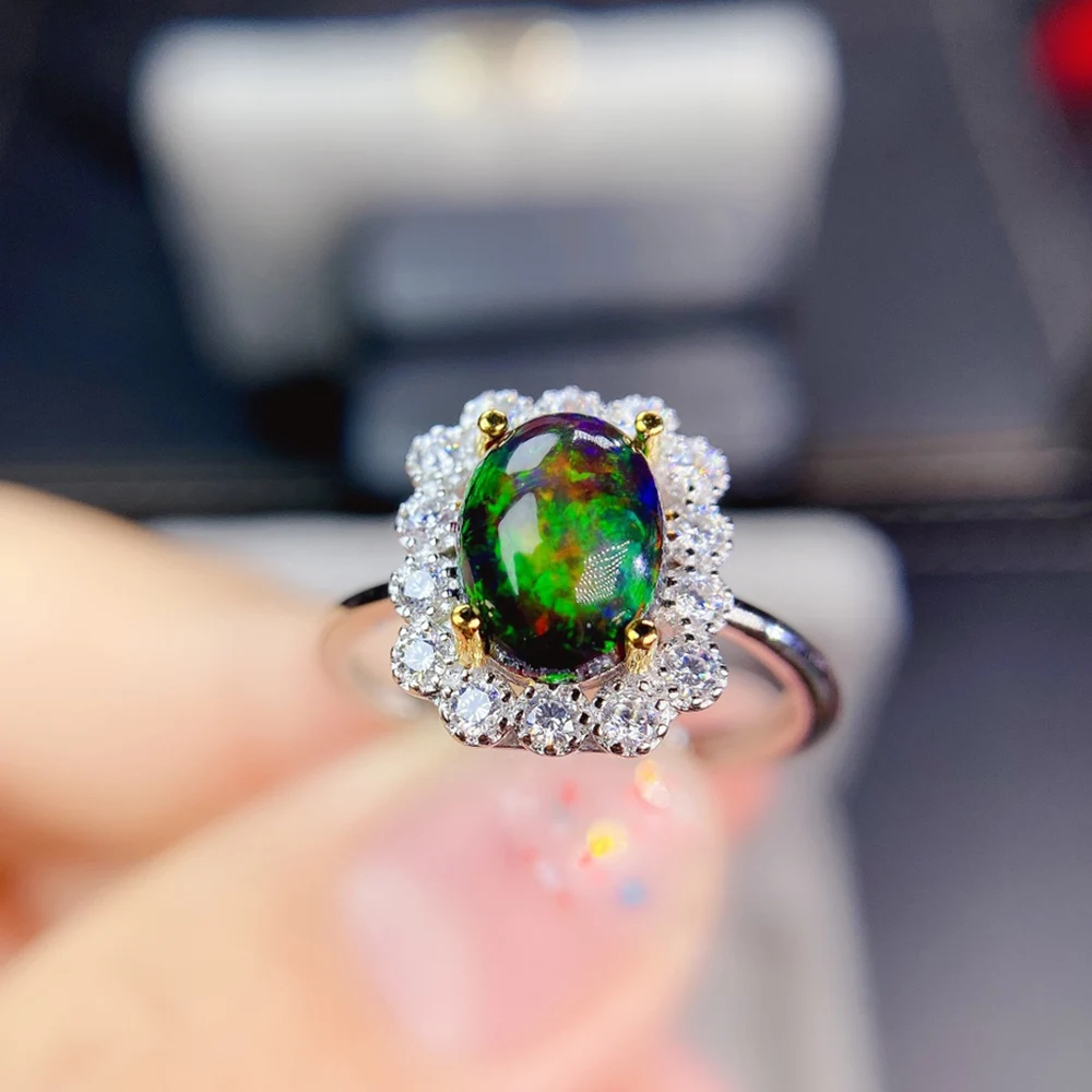 

925 Silver Natural Black Opal October Birthstone Opal Ring Women Gifts