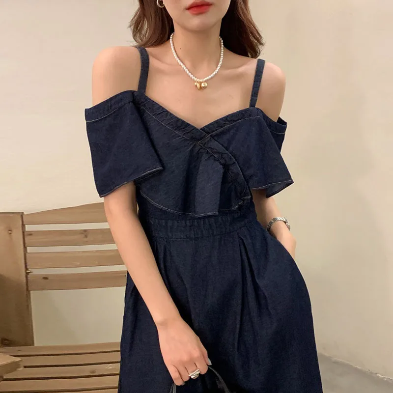 

Korean summer niche retro square collar stitching lotus leaf waist waist slim pocket short-sleeved denim dress