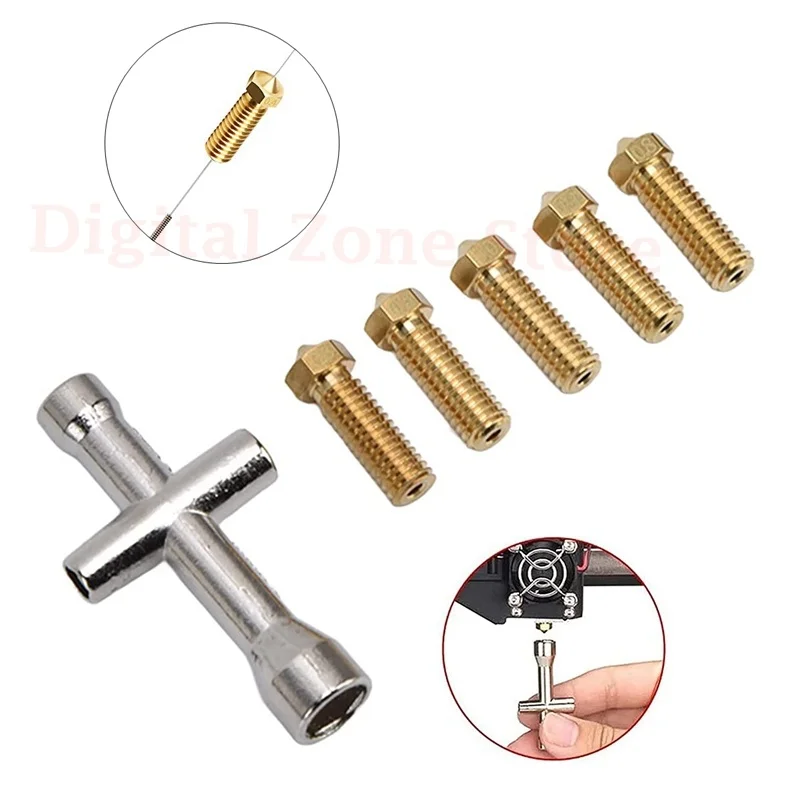 

5 шт E3D V5 V6 латунная насадка Volcano M6 0,2/0,3/0,4/0,5/0,6/0,8/1,0 мм с крестовым мини-гаечным ключом для 3D-принтера 1,75 мм нить