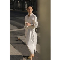 womens simple high end long sleeved shirt dress solid color v neck loose belt long skirt 2022 spring and autumn