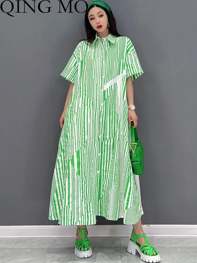

QING MO 2023 Summer New Fashion Casual Cotton Linen Stripe Long Large Shirt Dress Women Half Sleeve Long Length ZXF2178