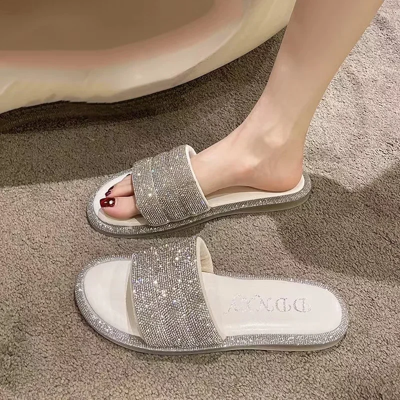 Летние пляжные тапочки женские блестящие сандалии со стразами повседневные