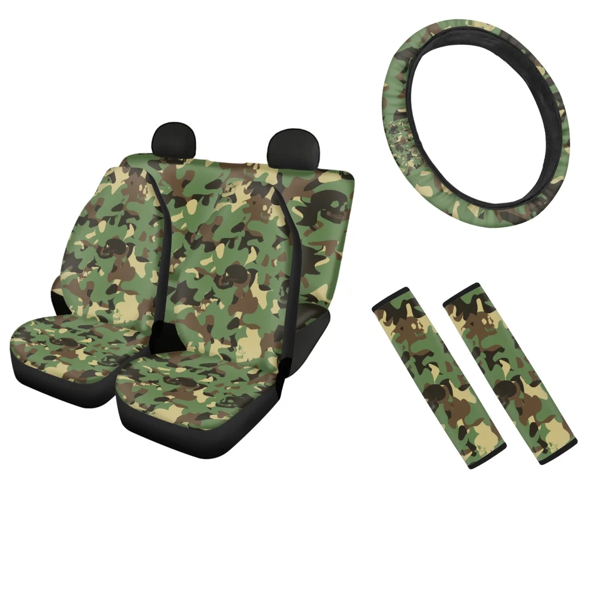 

Camouflage Skull 3D Design Car Seat Covers Full Set Car Steering Wheel Cover Breathable Anti-Slip Car Seatbelt Shoulder Strap