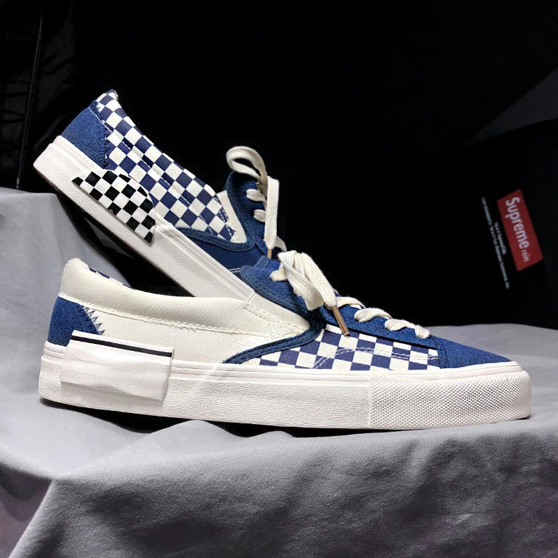 

New Summer Men Casual Plaid Canvas Shoes Low Top Breathable Lace Up Flat Bottom Shoes Trendy Fashion Designer Skateboard Shoes