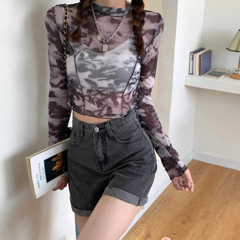 

Топ женский прозрачный полупрозрачный сетчатый, пикантный укороченный Топ с длинным рукавом, черно-белый цвет, на лето