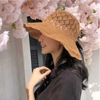 fashion women bucket hat summer beach visor hat breathable knit fisherman hat outdoor basin hat ladies foldable bow straw hat