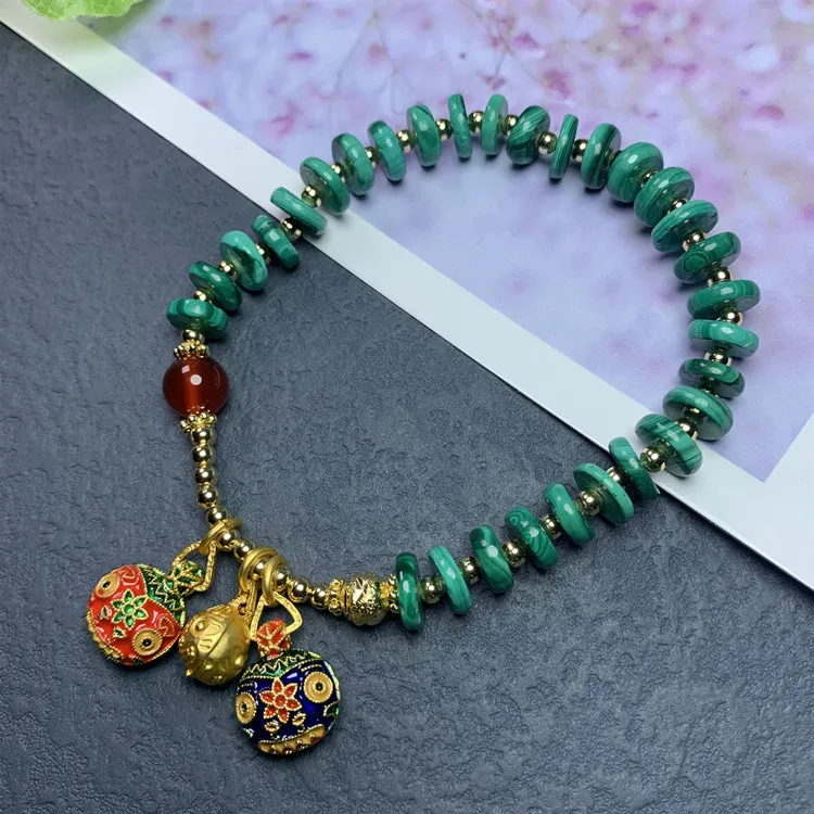 

Natural Green Malachite Bracelet With Enamel Colored Gold Swallowing Beast Charms Handmade Bracelets Jewelry Accessories Women