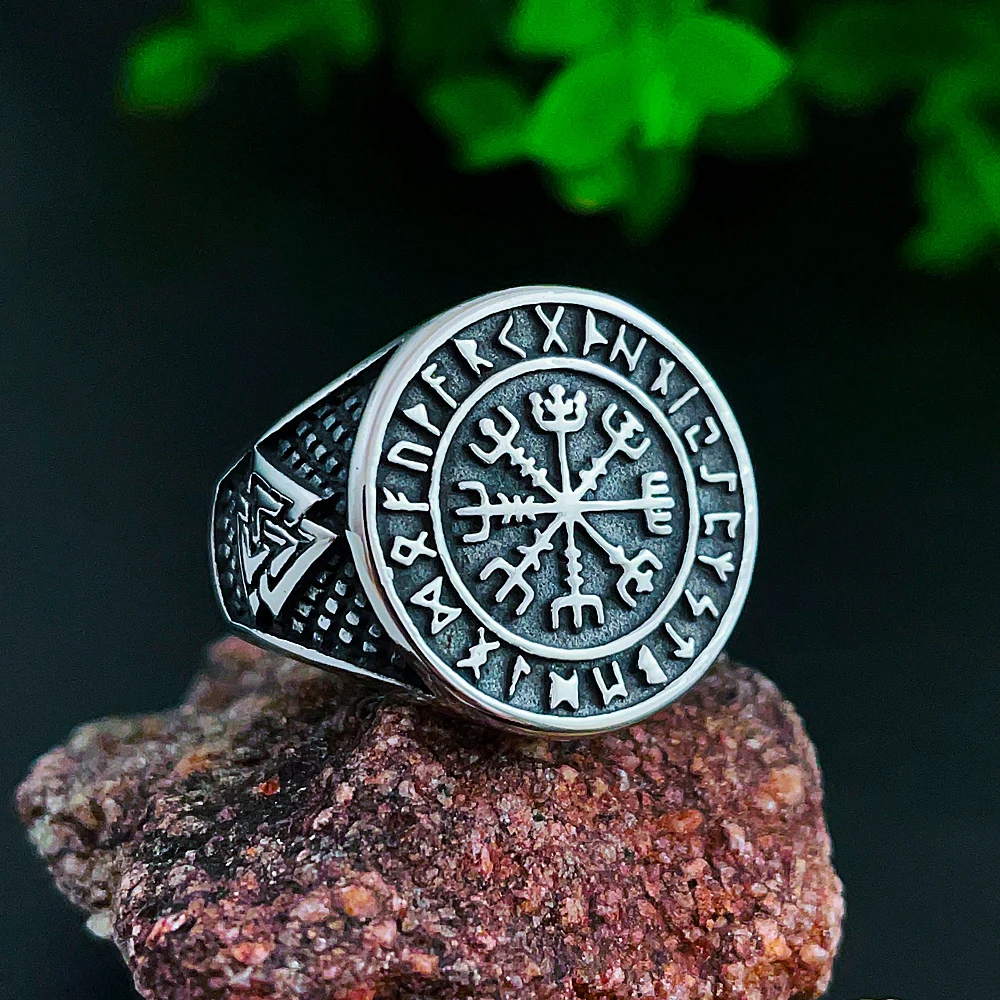 

Viking Compass Ring Stainless Steel Retro Nordic Ethnic Faith Odin Rune Valknut Rings Men Amulet Fashion Jewelry Free Shipping