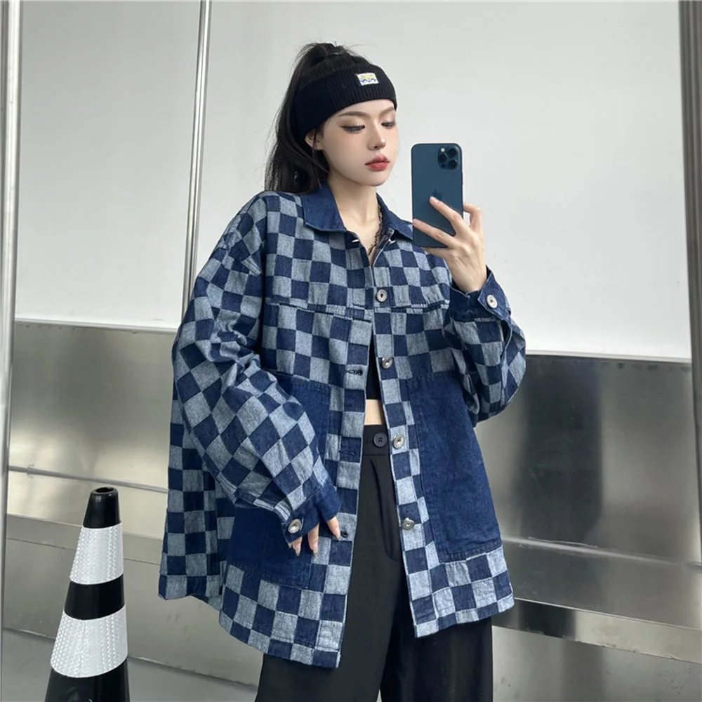 

Streetwear Harajuku Plaid Women Denim Jacket Vintage Casual Big Pocket Loose Long Sleeve Casual Jeans Jacket Female Spring New
