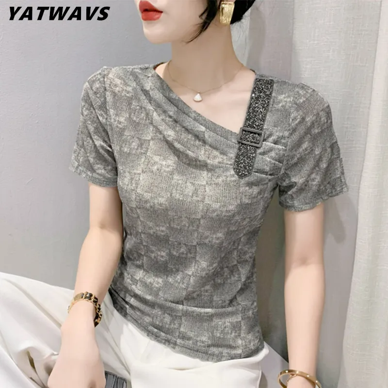 

New Summer European Female Clothes T-Shirt Sexy Skew Collar Hot Diamonds Slim Mesh Tops Women Short Sleeve Fold Print Tees