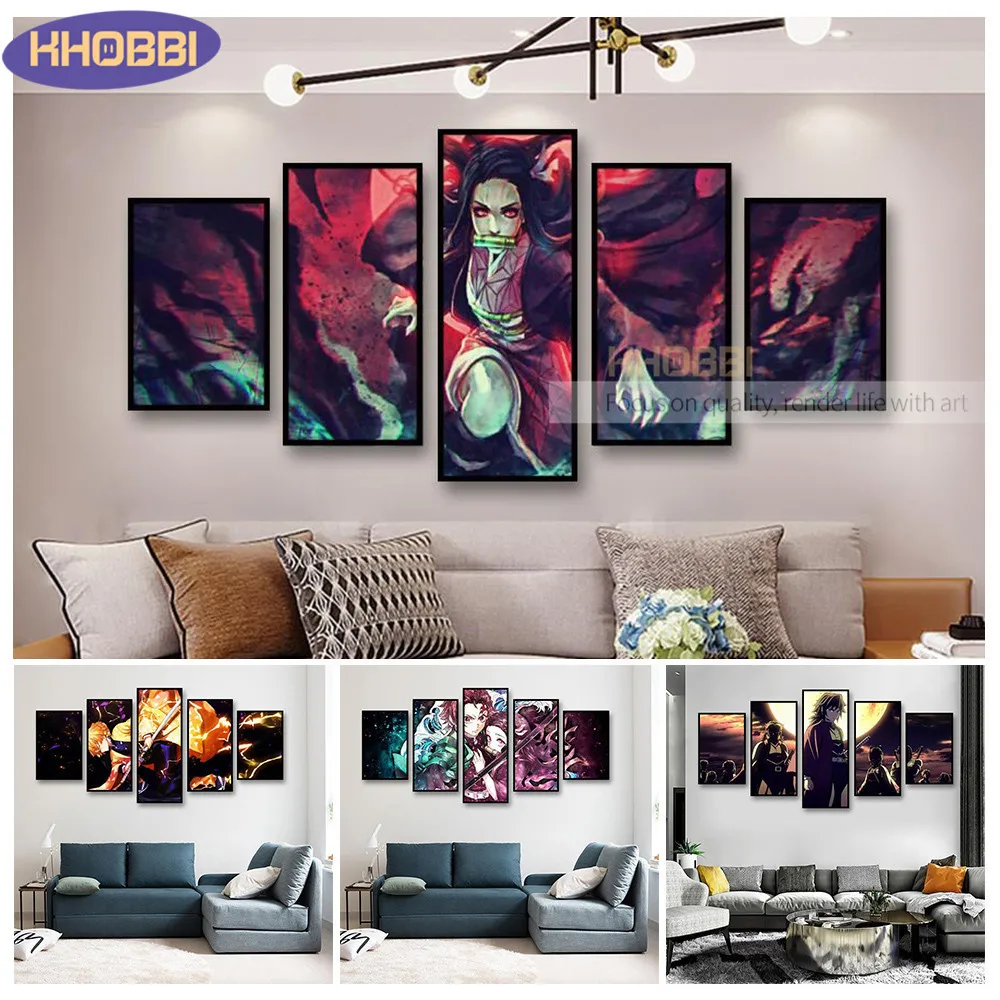 

5 Pieces 5D Diamond Art Painting Demon Slayer Kimetsu No Yaiba 5 Pcs Set Full Mosaic Embroidery Modular Anime Picture Decor Home