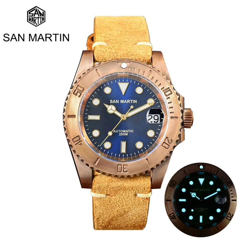 

San Martin Mechanical Bronze Watches Men 20bar Diving NH35A Movement BGW9 Luminous Sapphire Crystal Automatic Watch Diver