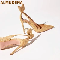 almudena mustard yellow check braided pumps women stiletto heel bowtie cut out dress shoes pointy toe shallow plaid footwear red