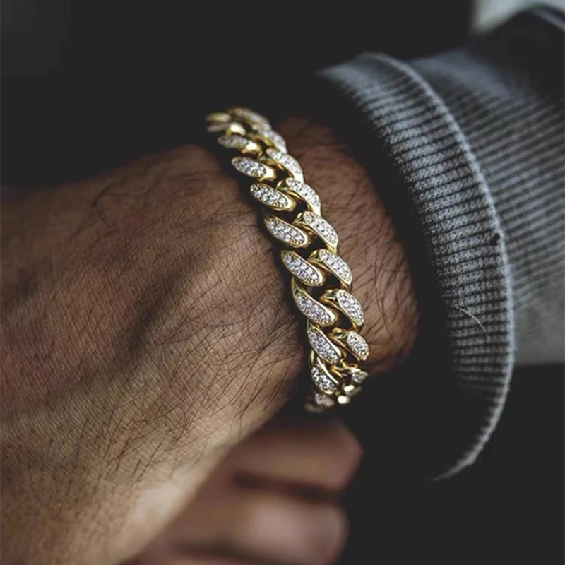 

Europe and America Retro Hip Hop Bracelet Rhinestones Cuban Chain Hip Hop Men Women Fashion Luxurious Punk Jewelry Gift12mm