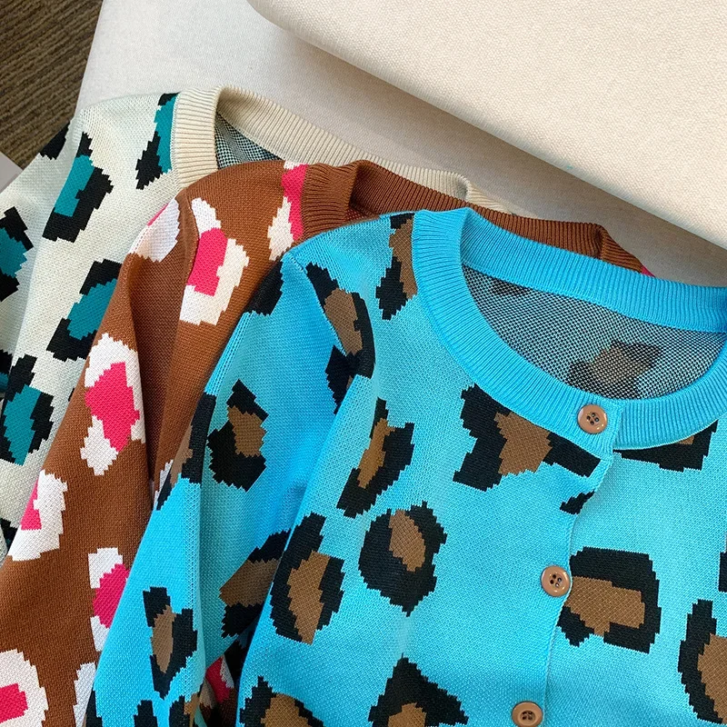 Новое поступление осени 2024 корейский стиль разумный дизайн леопардовый кардиган