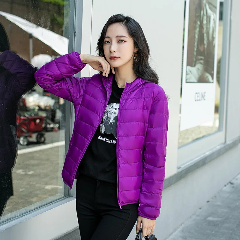 Lightweight Down Jacket Women Hooded Short White Duck Down Light Solid Color Coat Versatile Fashion Warm Outerwear Free Shipping